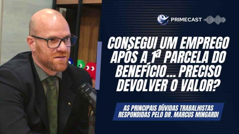 Dr. Marcus Mingardi respondendo à dúvida de um aluno da Prime Cursos, que questiona se ele precisa devolver o valor da parcela do seguro desemprego, após ter sido contratado por uma empresa.