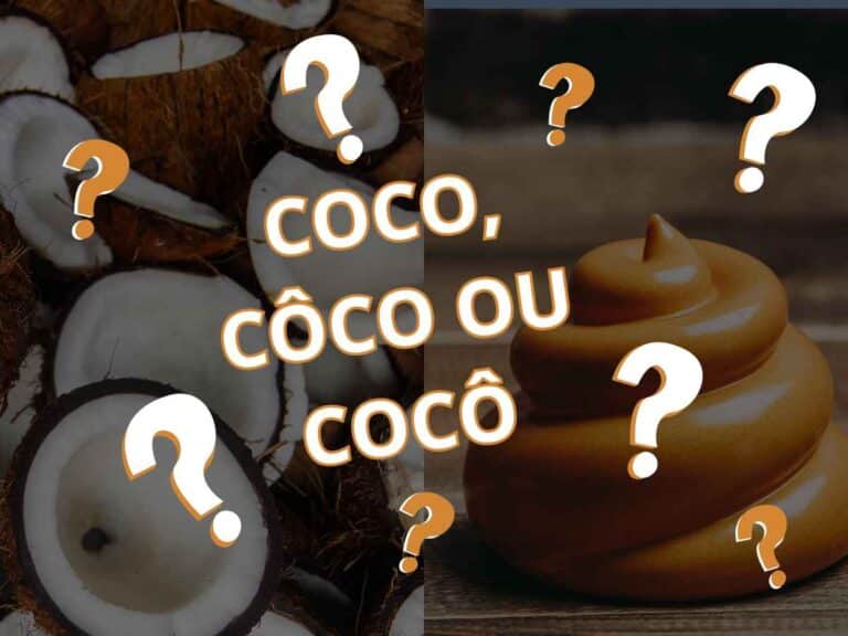 Imagem dividida ao meio: à esquerda, vários cocos abertos; à direita, uma ilustração estilizada de cocô. Ao centro, a pergunta “Coco, côco ou cocô?” aparece em destaque, cercada por pontos de interrogação.