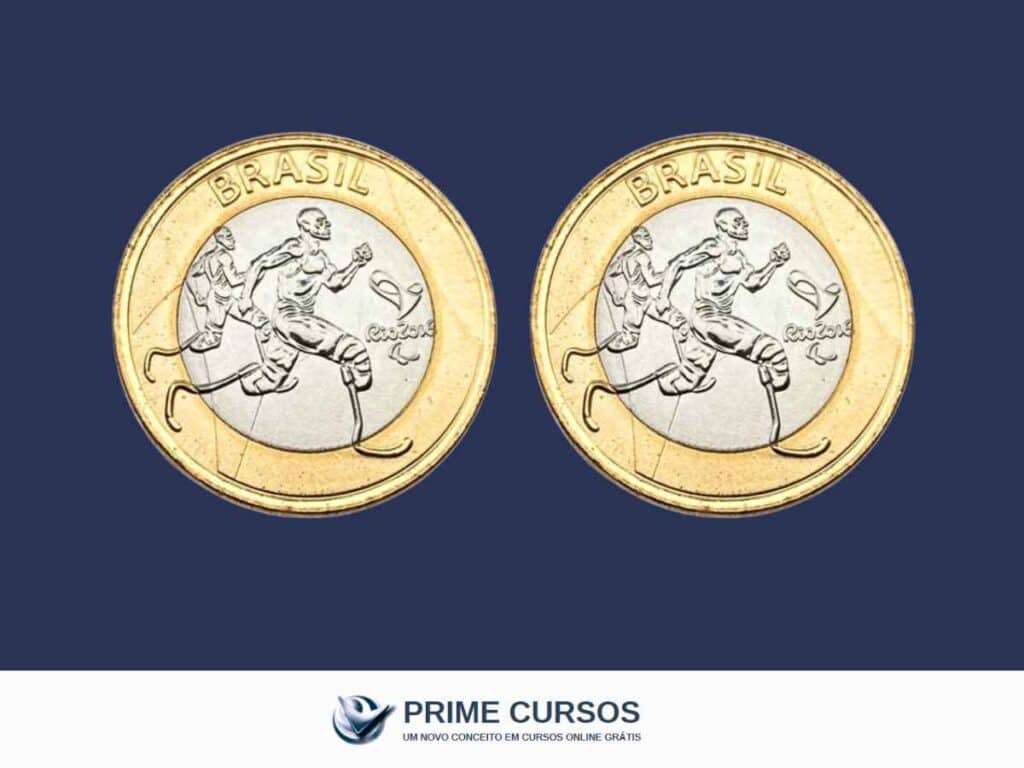 Duas moedas de 1 real com desenho de atletismo em ambos os lados, ilustrando o conceito de moeda bifacial rara, usada como exemplo.