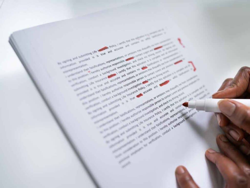 Mãos segurando folha com texto revisado em vermelho, destacando correções e marcações. Representa o processo de correção de redação do Enem 2025.