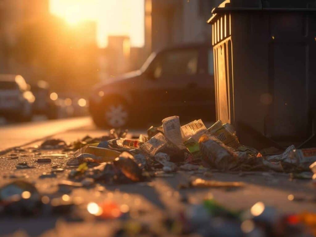  Lixo espalhado no chão ao lado de uma lixeira transbordando em uma rua urbana, com o pôr do sol ao fundo e carros estacionados.