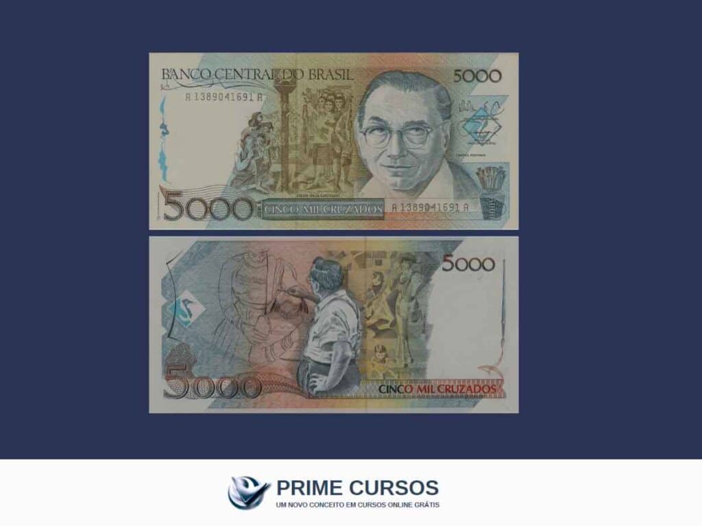 Imagem mostra frente e verso da antiga cédula brasileira de cinco mil cruzados. Na frente, retrato do artista Cândido Portinari; no verso, ele pintando uma de suas obras.